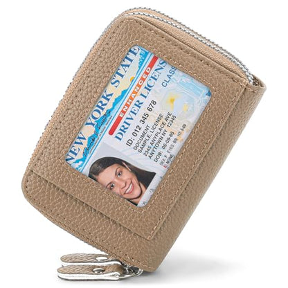 RNIEGA Credit Card Holder Wallet RFID Blocking Leather Small Wallet for Women Double Zipper Wallet with ID Window - color: Beige