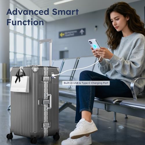 ALPHA CAMP Trunk Luggage 28 Inch with Aluminum Frame Zipperless Suitcase - color: Grey, size: 28 Inch