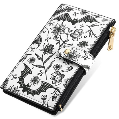 Travelambo RFID Wallet Women Large Size Bifold Multi Card Wallet Case with Zipper Pocke Credit Card Holder for Women - color: Black Bat