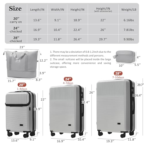 5 Piece Hardside Luggage Set with Half-Opening Front Compartment, Carry On Suitcase with Double Spinner Wheels, Lightweight Travel Luggage with USB Port and TSA Locks - color: Silver
