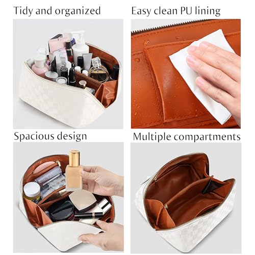 ALEXTINA Travel Makeup Bag, Checkered PU Leather Cosmetic Bag, White - color: white, size: Medium