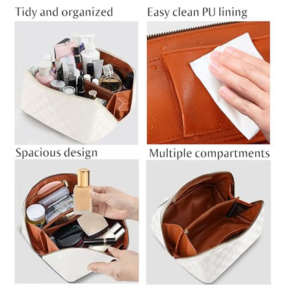 ALEXTINA Travel Makeup Bag, Checkered PU Leather Cosmetic Bag, White - color: white, size: Medium