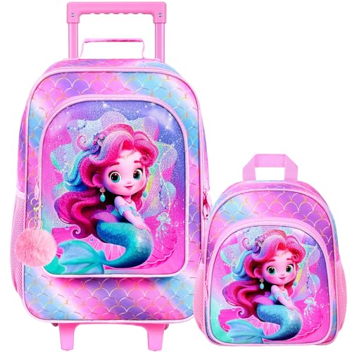 2Pcs Kids Suitcase Set, Girls Carry on Rolling Luggage with Wheels, Mermaid Travel Suitcases with Toddler Backpack(Pink) - color: Mermaid Pink 02