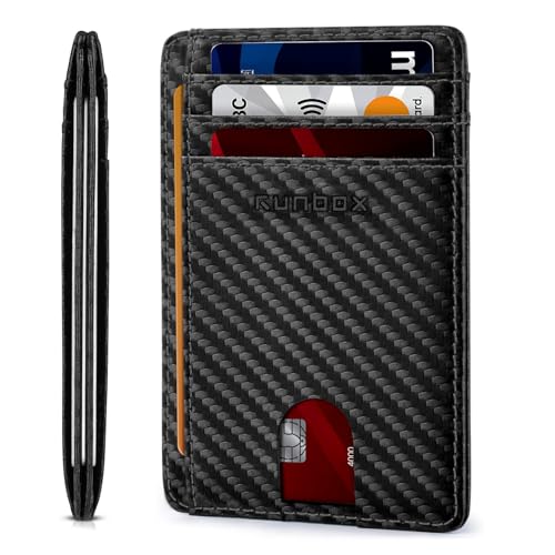 RUNBOX Slim Wallet for Men and Women, RFID Blocking Leather Card Holder - color: Carbon Fiber Black