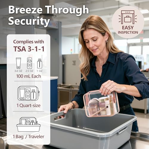 PACKISM TSA Approved Toiletry Bag - Clear Makeup Bag for Travel, Rose Pink - color: Active Rose Pink, size: Medium Set (Standard)