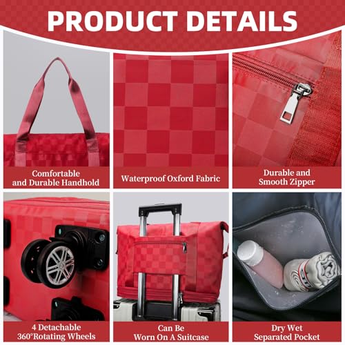 Rolling Duffle Bag with Wheels Expandable Foldable Travel Duffel Bag Checkerboard Carry on Luggage Bag Weekender Bag for Men Women - color: Red+Shoe Bag