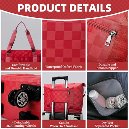 Rolling Duffle Bag with Wheels Expandable Foldable Travel Duffel Bag Checkerboard Carry on Luggage Bag Weekender Bag for Men Women - color: Red+Shoe Bag