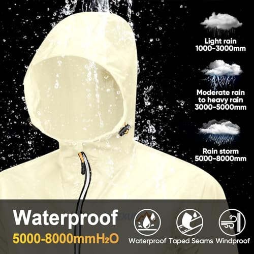 APEXUP Packable Rain Jacket Men Waterproof Lightweight Raincoat with Hood - color: Beige, size: 3X-Large
