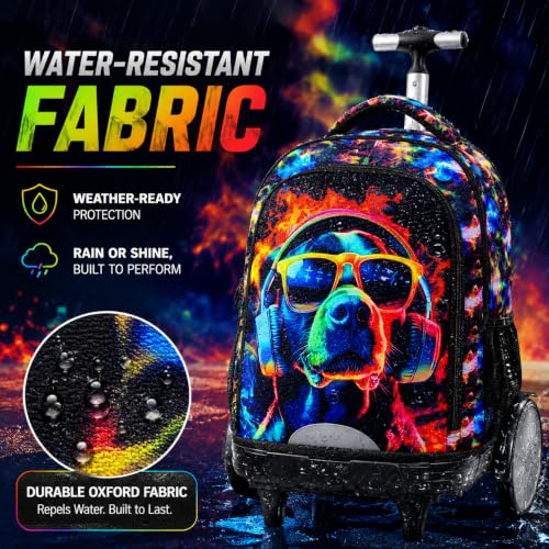 HPJGD Big-Wheel Rolling Backpack for Boys with Lunch Box & Pencil Case - 3-Pack Travel Set Featuring Cool Dog with Sunglasses Design, Water-Resistant & Reflective Wheeled Bookbag for School/Trips - color: Cool Rolling Backpack Sunglasses Dog