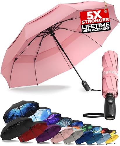 TUMELLA Strongest Windproof Travel Umbrella (Compact, 100MPH Wind-Tested), Light, Portable, One-Handed Use, Automatic Folding Rain Umbrella, Durable, Premium Grip, Fits Car & Backpack - color: 1-pack Soft Pink