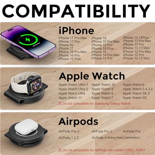 HICOBER 3-in-1 Wireless Charging Station for iPhone, Watch, AirPods, Black - color: Black