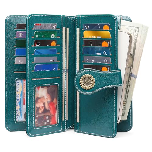 SENDEFN Wallets for Women Leather Credit Card Holder with RFID Blocking Large Capacity Wristlet - color: 1-Wax-A-Blue