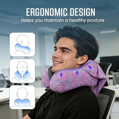 SkytraxComf® Travel Neck Pillow with Hood for Privacy on Long Flights - color: Colorful