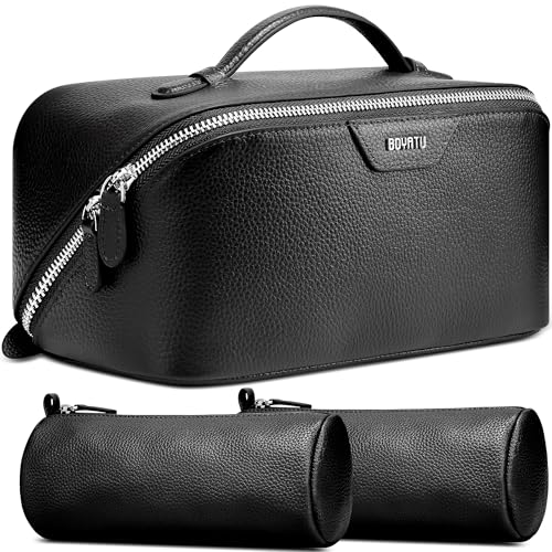 BOYATU Genuine Leather Travel Makeup Bag: Hand-made 3 Pcs Set Cosmetic Bags - color: 02Obsidian