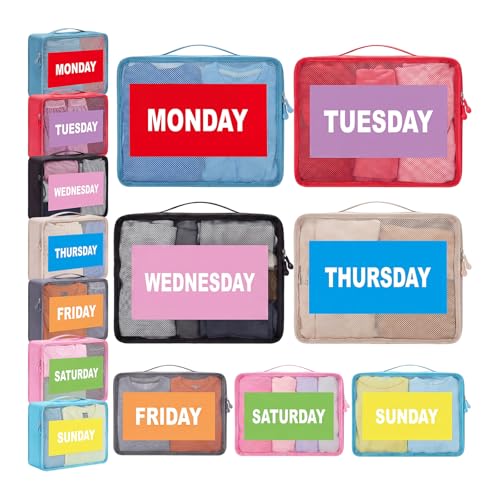 Woanger 14 Pcs Packing Cubes for Travel Days of Week Packing Cubes with Labels Zippered Camping Bag for Summer Camp Essentials