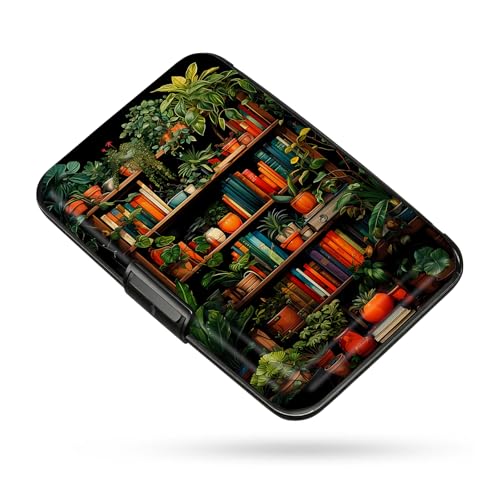 Credit Card Holder Bookshelf Botanical Mini Aluminum Wallet | ABS Business ID Case,Hard Case Large Capacity 6 Slots, Waterproof Durable ，Secure Closure Slim Small Credit Card Protector - color: Bookshelf Botanical