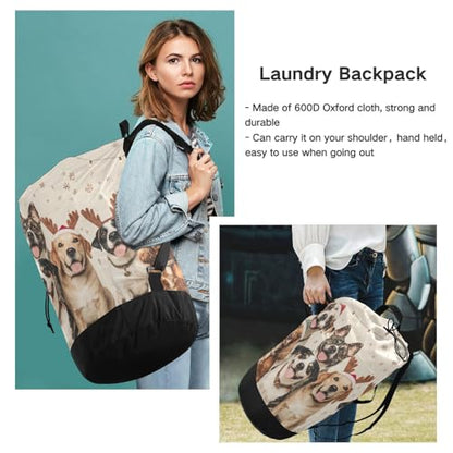Christmas Dogs Beige Laundry Backpack Bag with Adjustable Shoulder Straps Handle Dirty Laundry Hamper Bag for Traveling Camp College Dorm Heavy Duty Waterproof Large Capacity - color: Christmas Dogs Beige