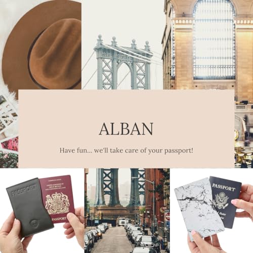 Alban RFID Passport Holder for Women & Men, Genuine Leather Passport Cover - color: Grey
