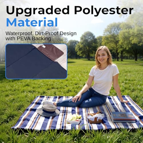 scuddles Extra Large Picnic Blanket 80 x 80 Inch, Waterproof Outdoor Mat with 3 Layer Soft Cushion, Foldable Compact Design with Carry Strap for Beach, Camping, Hiking, Parks and Travel Use - color: Navy
