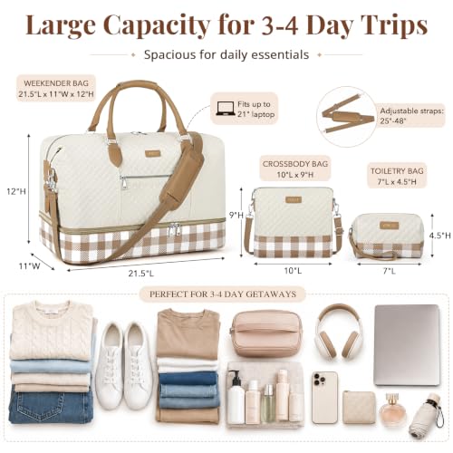 ITIEZY Weekender Bag for Women 21.5" Travel Duffel Large Carry On Bag 3PCS - color: 8d-Khaki, size: Large