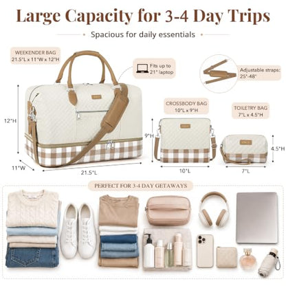 ITIEZY Weekender Bag for Women 21.5" Travel Duffel Large Carry On Bag 3PCS - color: 8d-Khaki, size: Large
