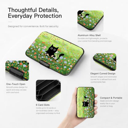 Credit Card Holder RFID Aluminum card case Flowers Cat 2 mini Wallet Women - color: Flowers and Black Cat