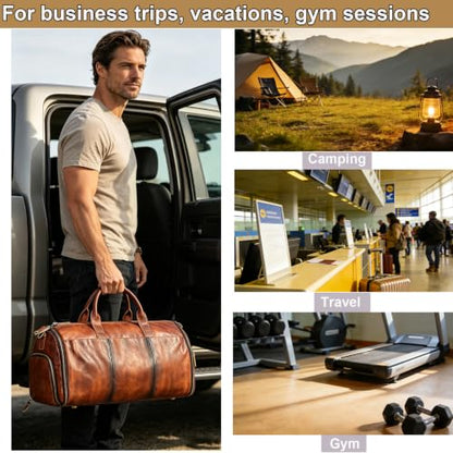 Genuine Leather Convertible Garment Duffle Bag for Men, 2 in 1 Suit Travel Bag with Shoe Compartment, Business Trip Weekender Overnight Bag, Brown - color: 01 Wiped Coffee Brown