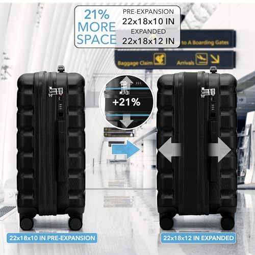 Flight Knight 22x18x10" Expandable Carry On Suitcase Hardside TSA Lock & USB C Port Lightweight Luggage Silent Double Spinner Wheels Maximum Spirit Overhead Carry-On Bag Airlines Approved Black - color: Black, size: 22x18x10"