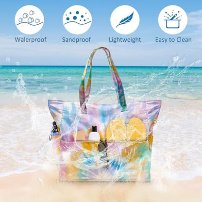Large Beach Bag Waterproof Sandproof Beach Bags for Women Pool Tote Bags with Zipper Summer Swim Bag Foldable - color: Tie Dye