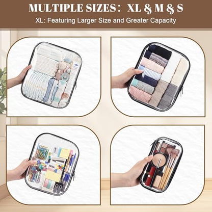 12 Pack Clear Hard Shell Zipper Case with 40 Labels, X-Large/Medium/Small Stackable Clear Pouches, Crush-resistant Travel Toiletry Bag Organizer for Makeup Board Games Electronics (Black) - color: Black