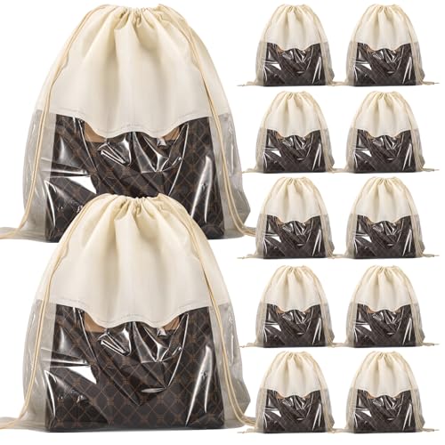 12 PCS Dustproof Drawstring Bags,Breathable Non-Woven Fabric Drawstring Dust Covers,Storage Bags Dust Bag for Handbags Shoes Purses,Beige