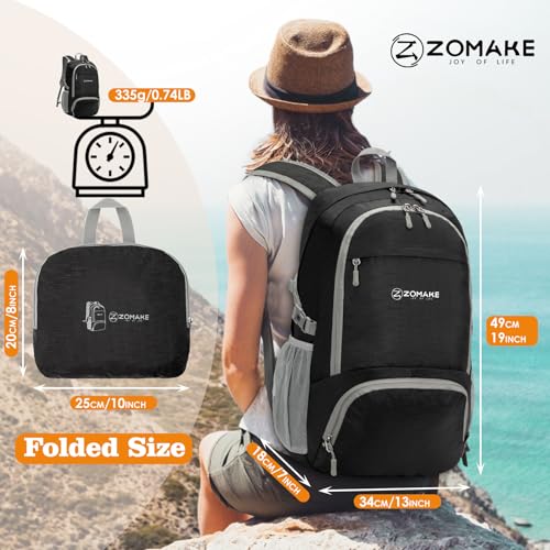 ZOMAKE Lightweight Packable Backpack 30L, Foldable Travel Hiking Daypack - color: A-pure Black