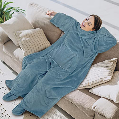 PAVILIA Fleece Blanket with Sleeves, Foot Pockets for Women Men, Dusty Blue - color: Dusty Blue, size: Fleece
