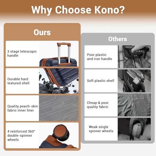 Kono Expandable 28 Inch Luggage with Spinner Wheels, Large Checked Luggage with Lock, Lightweight & Anti-Scratch PC+ABS Hardshell Travel Suitcase, Navy/Brown - color: Navy/Brown, size: Checked-large 28-inch