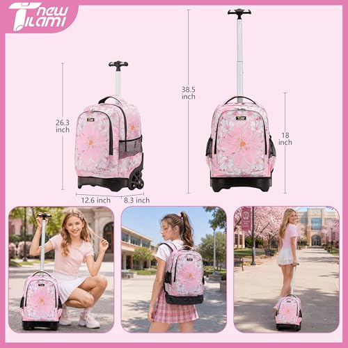 NEW TILAMI 18 Inch Rolling Backpack with Lunch Bag for Girls Boys School - color: Pink Flowers