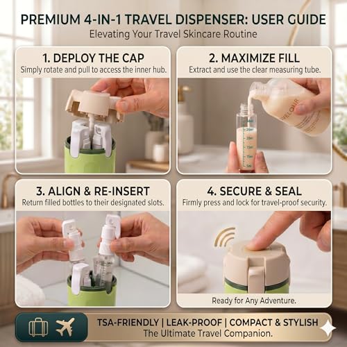 4-in-1 Travel Dispenser Bottle Set, 4 Pack 30ml Leakproof Refillable - color: Green