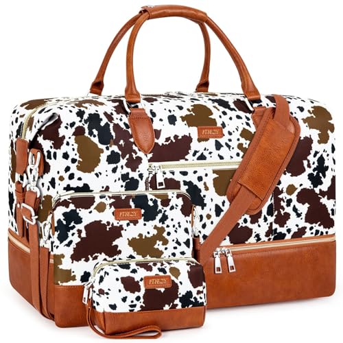 ITIEZY Weekender Bag for Women 21.5" Travel Duffel Large Carry On Bag 3PCS - color: 5-Brown Cow