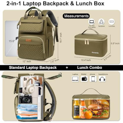 Lunch Backpack For Women, 15.6 Inch Laptop Backpack with Lunchbox - color: Armygreen