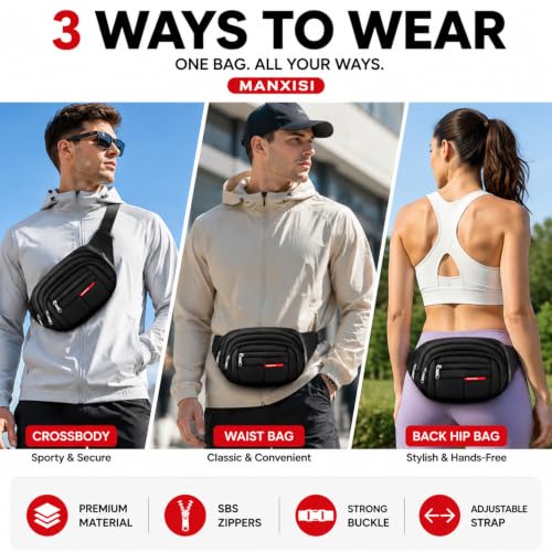1000D Water-Resistant Fanny Pack 4 Zipper Crossbody Sling Bag for Hiking