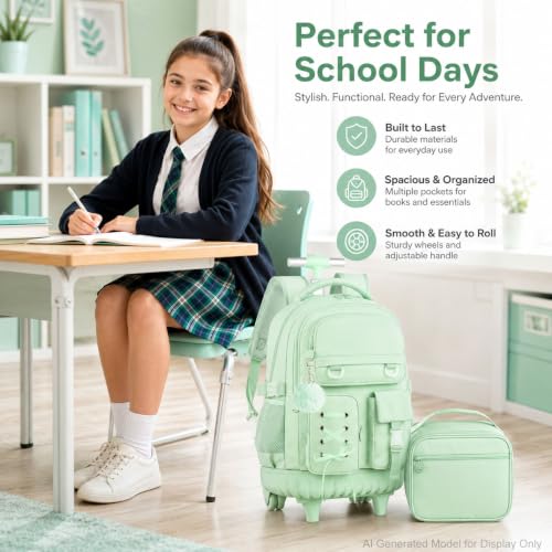 UFNDC 3PCS Wheeled Backpack for Girls, Women Green Roller Backpacks with an Interlaced Ribbon Bow, Water-Resistant Travel Rolling Backpack - color: Rolling Backpack Ribbon Bow Green