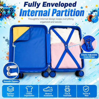 Boys Suitcase, Lightweight Hardshell Spinner Kids Luggage Set 2PCS with Wheels - Airplane Approved Carry-On for Children Ages 3-10, Energetic Game Rolling Suitcases for Elementary Toddler Travel - color: Blue Fun Game Luggage 2PCS Set