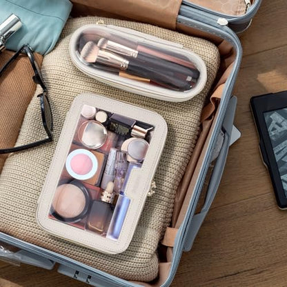 Soimeat Travel Clear Makeup Bag with Makeup Brush Bag, Leather Makeup Case Toiletry Bag, Portable Cosmetic Bag Case, Transparent Waterproof Cosmetic Organizer Storage Bag for Women, Medium, Off-White - size: M