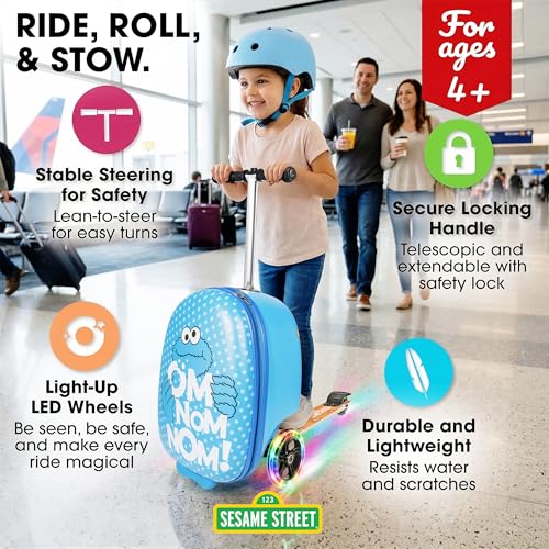 Kiddietotes Sesame Street Ride-On Scooter Suitcase, Foldable Carry-On - style: Cookie Monster
