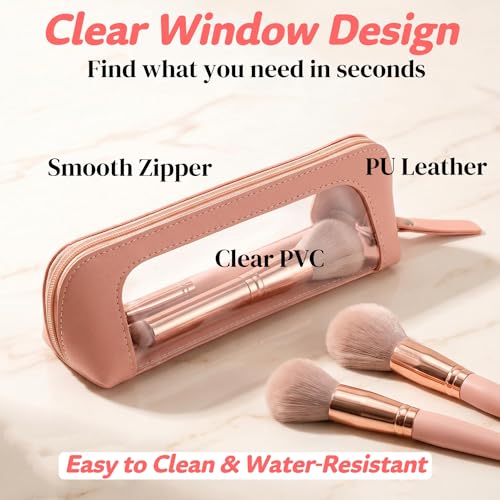 9" Clear Makeup Brush Bag, Small Pink Pencil Case, Slim Purse Pouch - color: Pink
