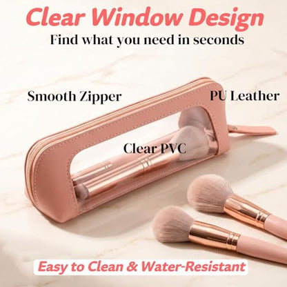 9" Clear Makeup Brush Bag, Small Pink Pencil Case, Slim Purse Pouch - color: Pink