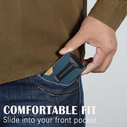 Minimalist Slim Wallet for Men,RFID Blocking Metal Wallet,Aluminum Credit Card Holder & Money Clip 12-15 Cards,Slim Rfid Front Pocket Mens Wallet - color: A1 Matte Navy Blue