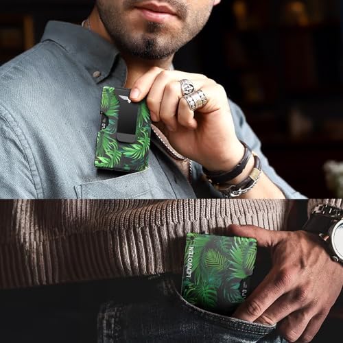 Lenvoten Upgraded Hinged Minimalist Wallet for Men, RFID Blocking Wallet - color: T1-Palm Leaves