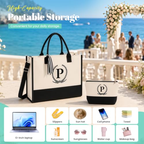 Embroidered Floral Monogram Canvas Tote with Zipper Pockets Gift for Her - color: P