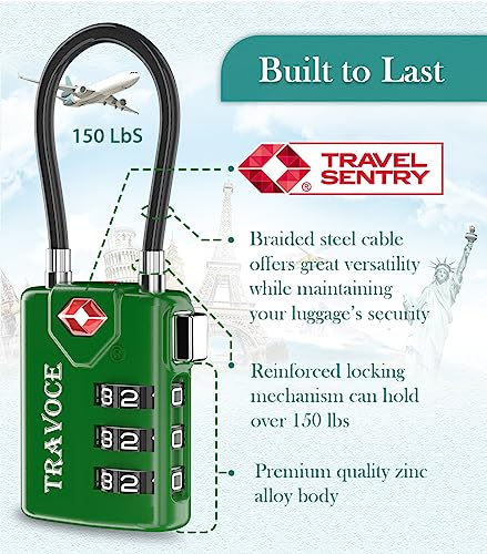 TSA Approved Luggage Locks, Combination Cable Locks, 2 Pack, Green | Search Alert shows TSA key access; resettable 3-digit code and flexible braided steel cable for suitcases and backpacks. - color: Army Green