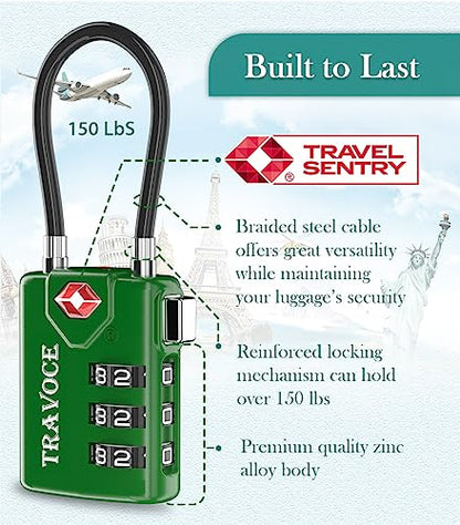 TRAVOCE TSA Approved Luggage Locks, Combination Cable Locks, 2 Pack, Green - color: Army Green 2 Pack